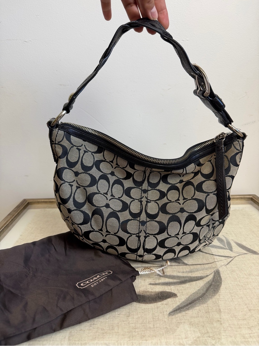 Coach Signature Jacquard Hobo Shoulder Bag Black Gray Leather Trim Y2K